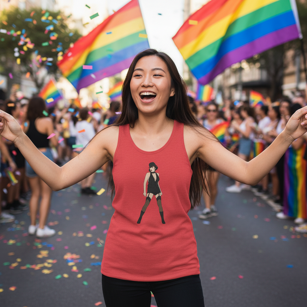 Liza Minnelli unisex tank top with figure graphic worn at a Pride parade, rainbow flags waving
