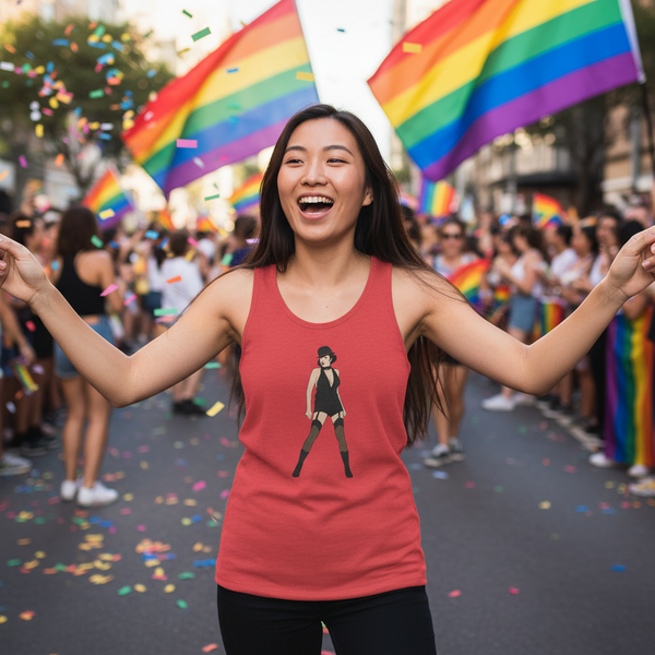 Liza Minnelli unisex tank top with figure graphic worn at a Pride parade, rainbow flags waving