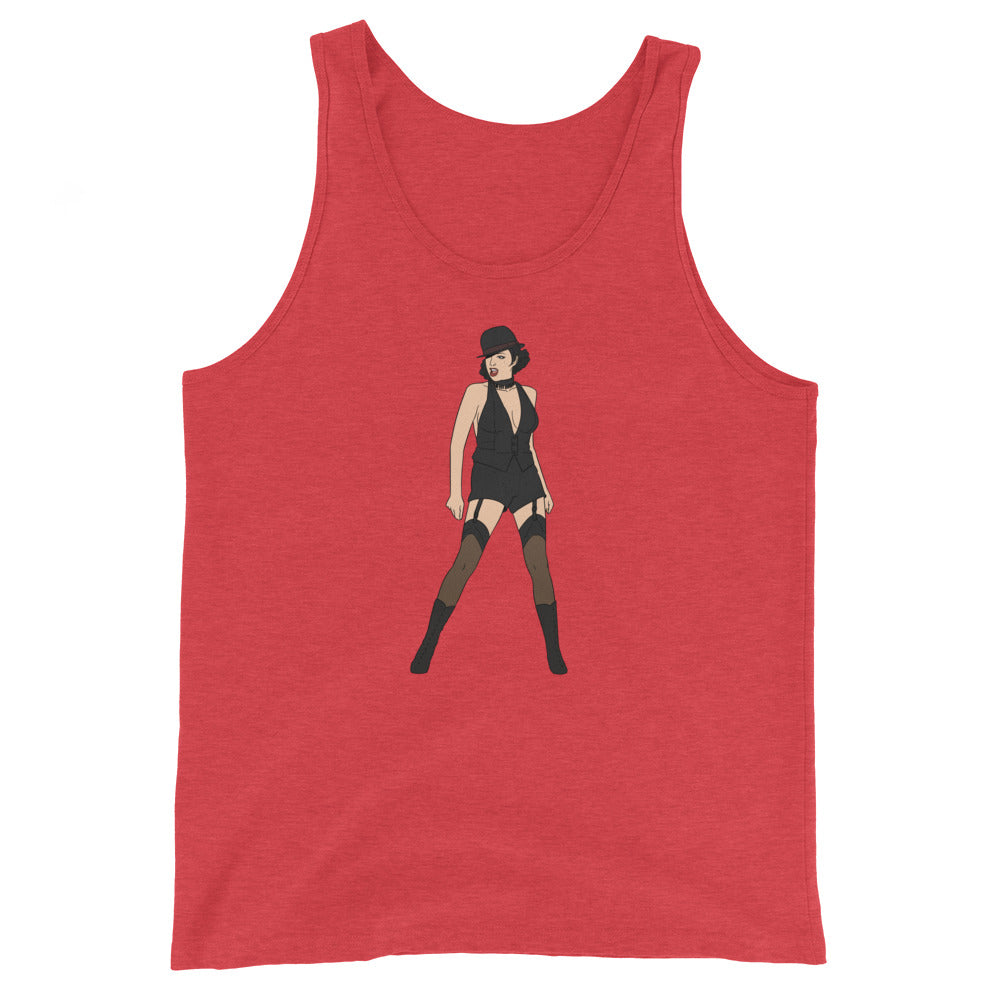 Liza Minnelli unisex tank top with an illustrated cabaret icon in a bowler hat, bodysuit, stockings, and boots