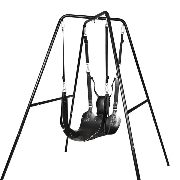 Black leather sex hammock suspended from a freestanding A-frame swing stand