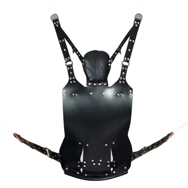 Front-facing black leather sex hammock with padded seat, straps, buckles, and metal rivets