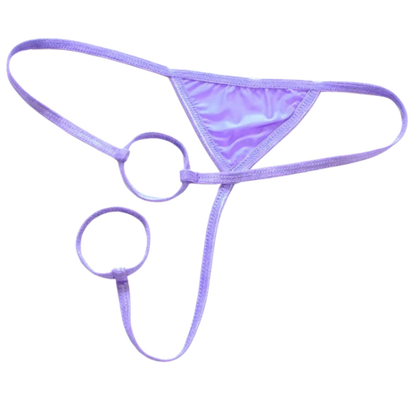 Lavender men's thong briefs with a shiny triangular pouch and two ring accents