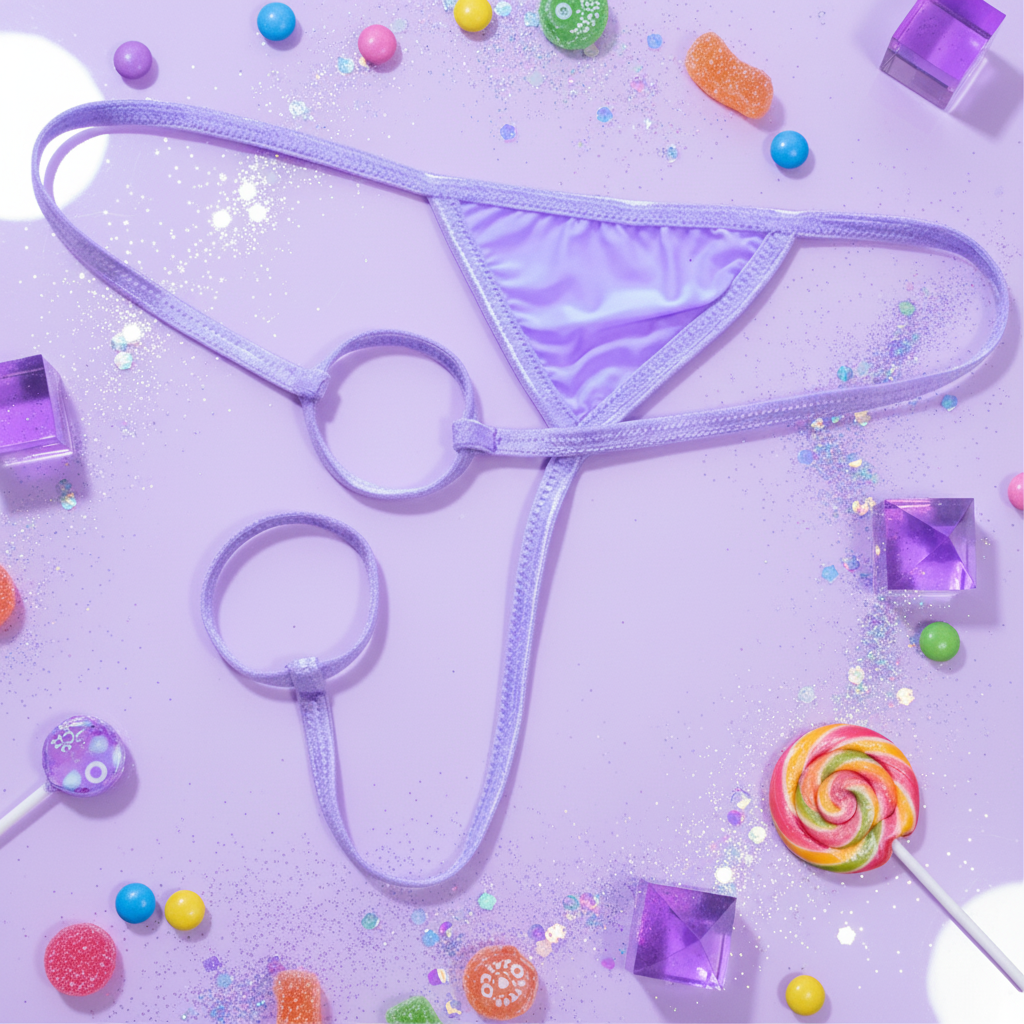 Lavender strappy thong briefs with two circular ring details, shown in a flat lay