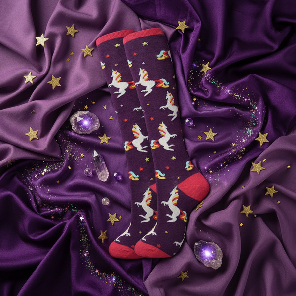 Long purple socks with white unicorns, rainbows, and stars, laid on dark satin scattered with gold stars