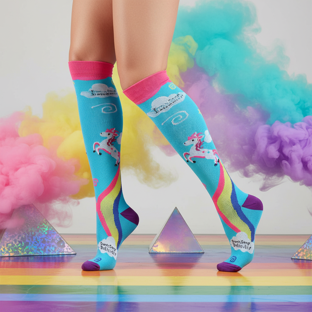 A person wearing knee-high rainbow compression socks with blue, pink trim, unicorns, rainbows