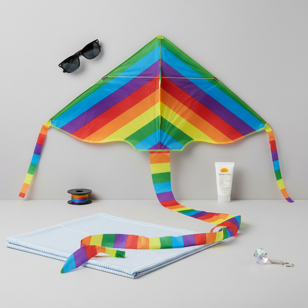 Rainbow Pride kite with long multicolor tails, shown in a styled tabletop display
