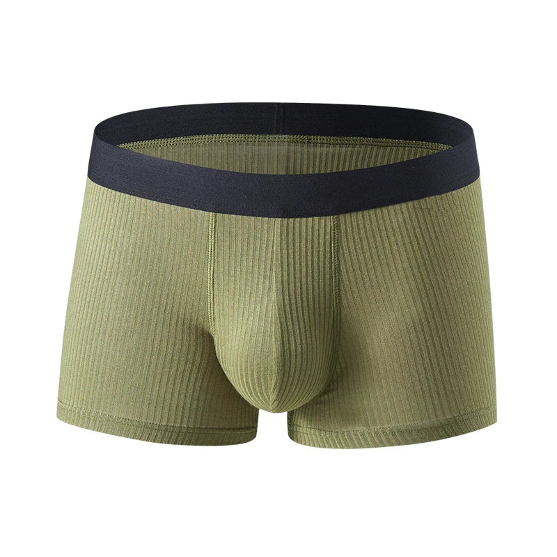 Front view of olive green ribbed boxer briefs with a black elastic waistband