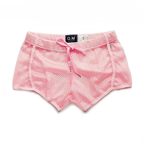 Front view of pink mesh boxer briefs with a drawstring waist and pouch seam