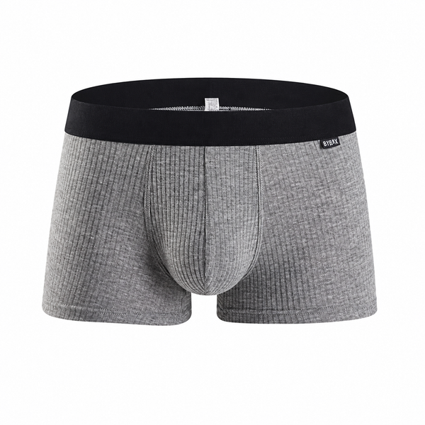 Front view of gray ribbed men's boxer briefs with a black waistband