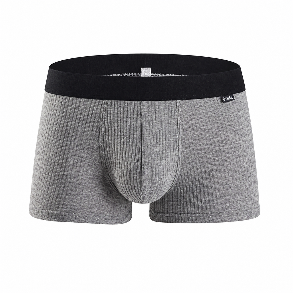 Front view of gray ribbed men's boxer briefs with a black waistband