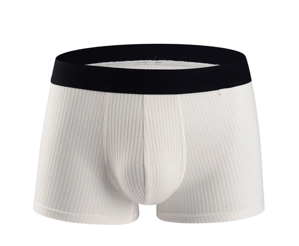 Front view of white ribbed men's boxer briefs with a wide black waistband