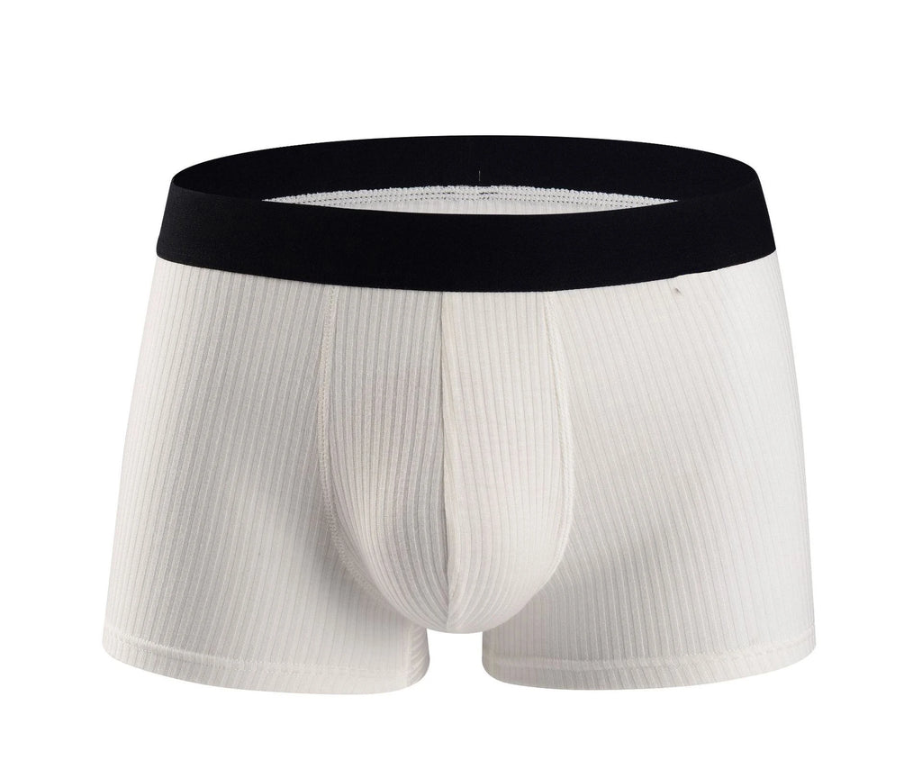 Front view of white ribbed men's boxer briefs with a wide black waistband