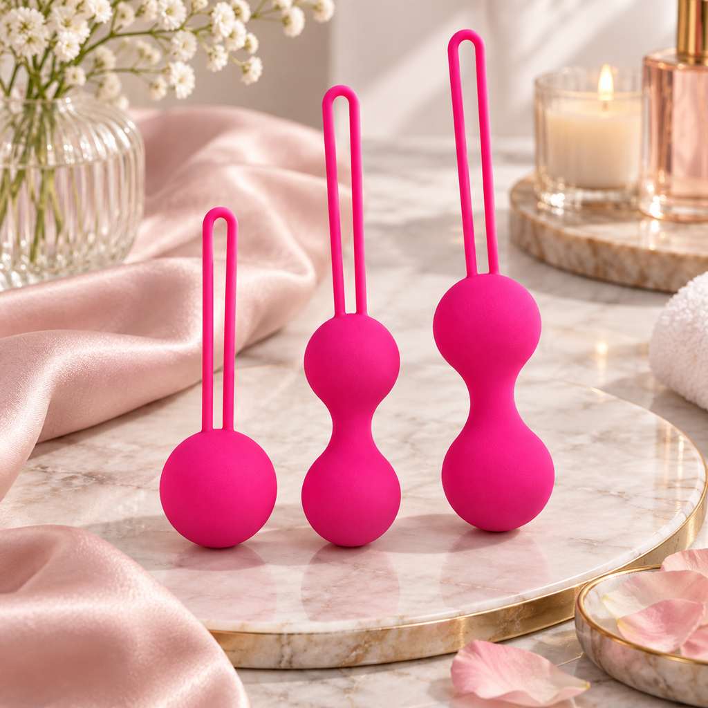 Three bright pink bulb-shaped vaginal trainers with loop handles on a marble tray