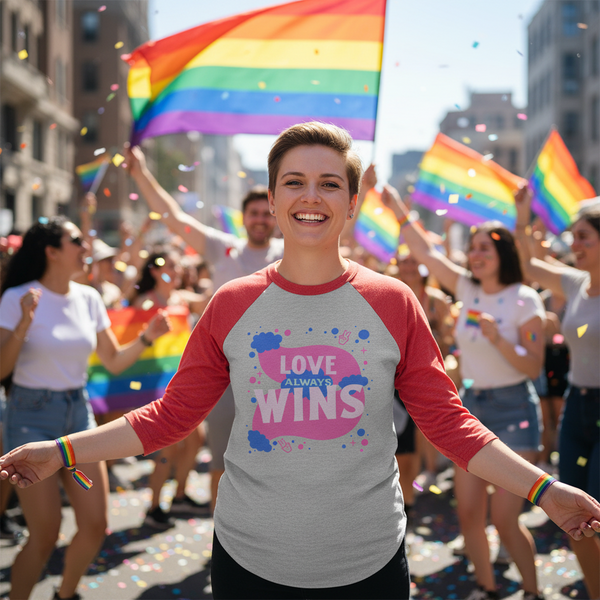Love Always Wins 3/4 Sleeve Raglan Shirt worn by a person at a pride parade with open arms, rainbow flags