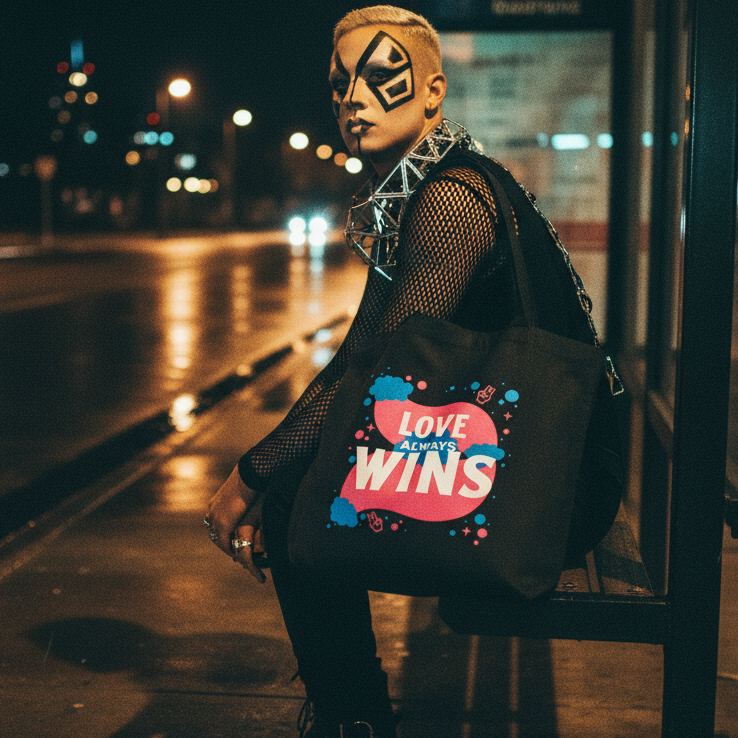 Person seated at a nighttime bus stop wearing a black tote reading “LOVE ALWAYS WINS”