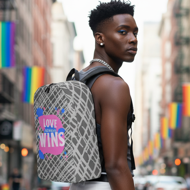 Love Always Wins Minimalist Backpack with bold pride graphic, worn by a queer guy in black top and chain