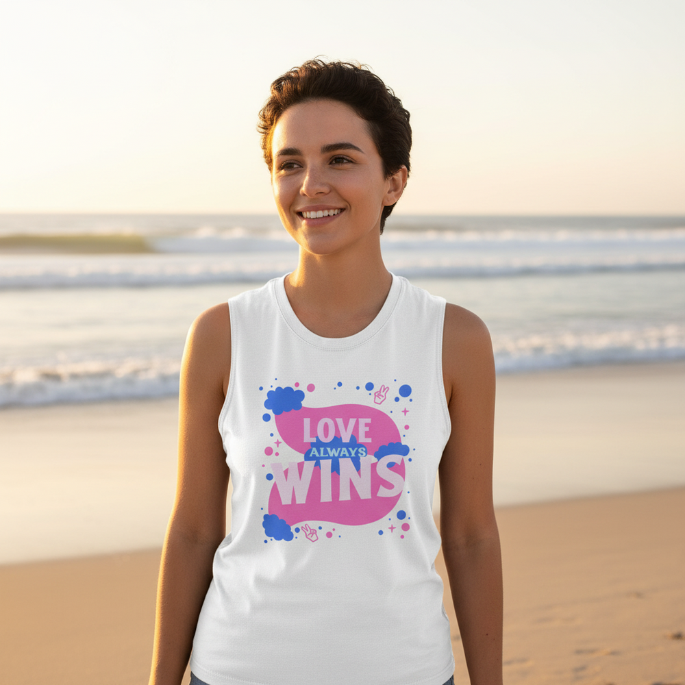 Love Always Wins Muscle Top with pink and blue design, worn by a short-haired person on a sunset beach