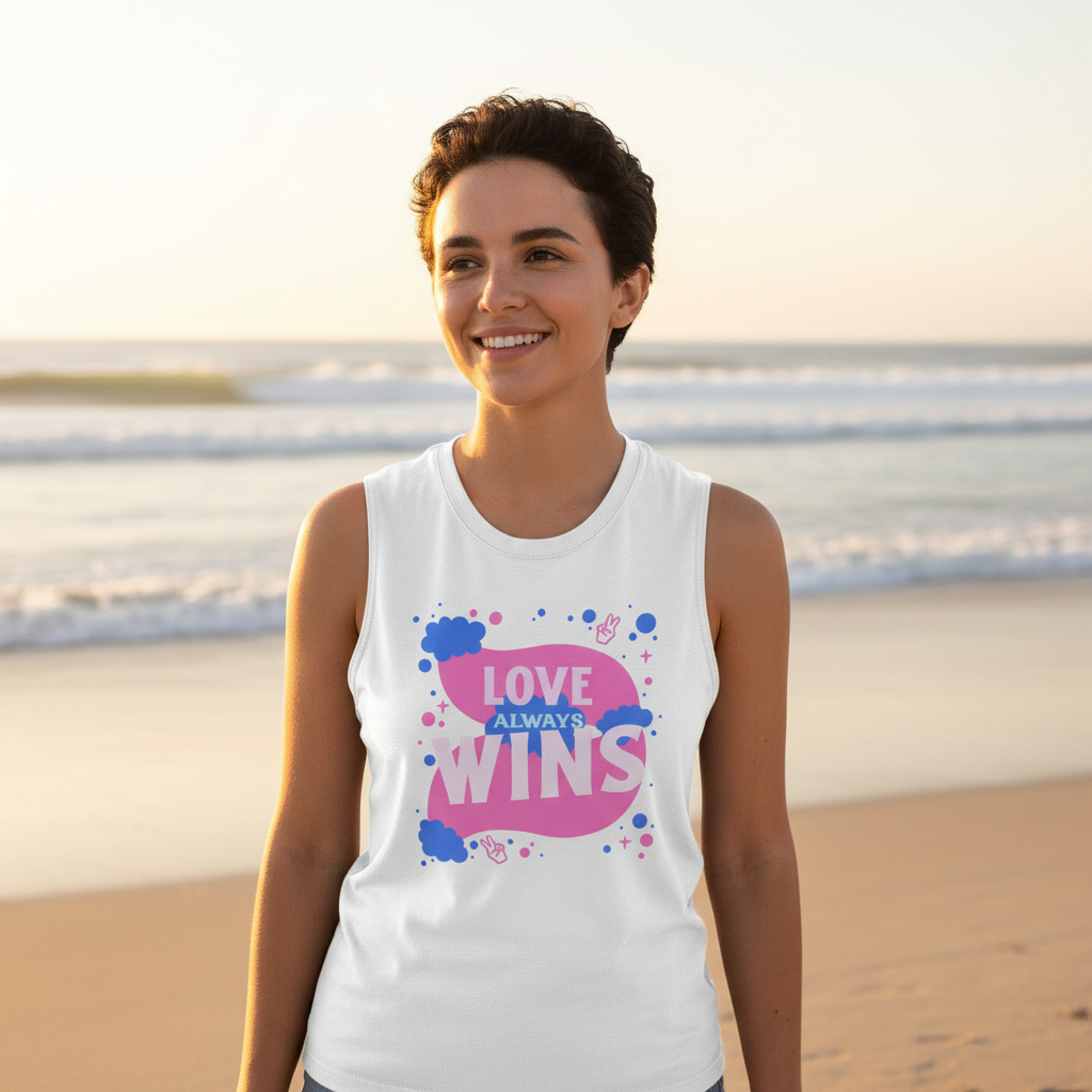 Love Always Wins Muscle Top with pink and blue design, worn by a short-haired person on a sunset beach