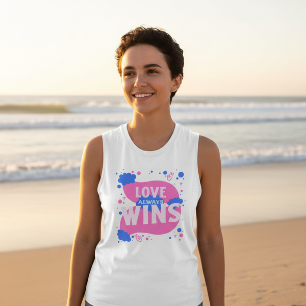 Love Always Wins Muscle Top with pink and blue design, worn by a short-haired person on a sunset beach