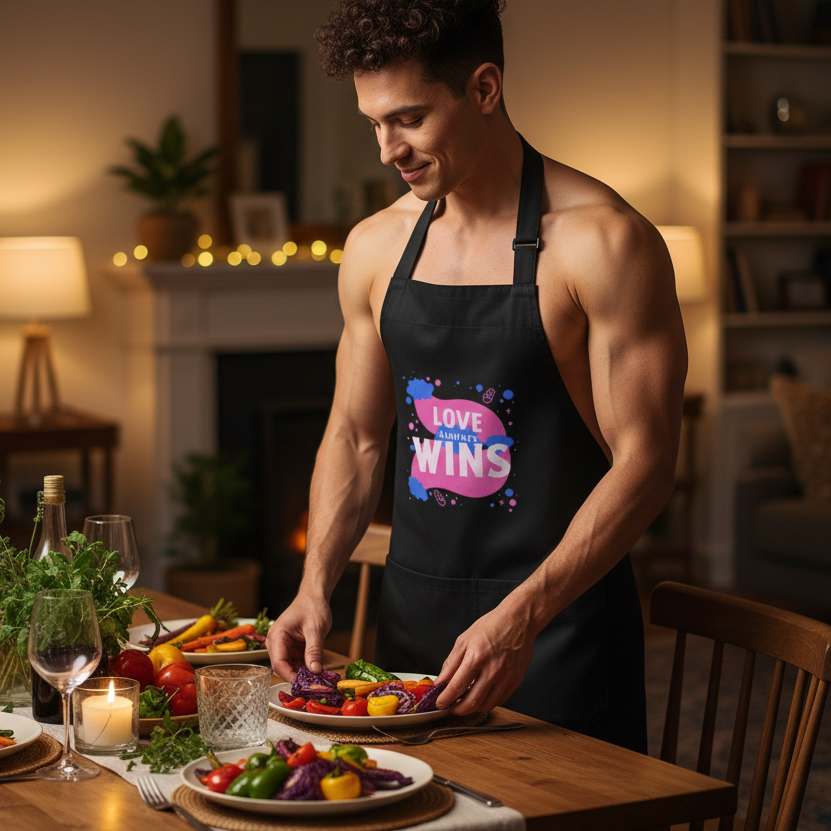 Person arranging colorful vegetables while wearing a black apron reading “LOVE ALWAYS WINS”