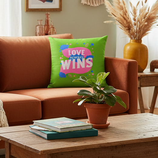 Love Always Wins pillow with bold text and colorful splashes on a rust sofa, sunlit room, potted plant, books, yellow vase