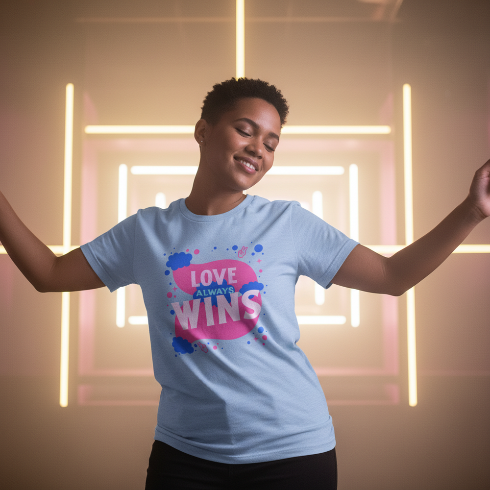 Love Always Wins T-Shirt in light blue with rainbow splashes and “LOVE ALWAYS WINS” slogan; person dancing, neon lights glow