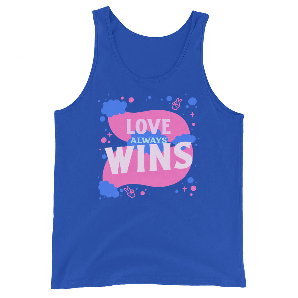 Front view of a royal-blue tank top reading “LOVE ALWAYS WINS” in pink and white