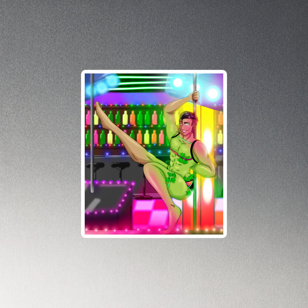Illustrated magnet showing a muscular man pole dancing in green lingerie at a neon-lit gay bar