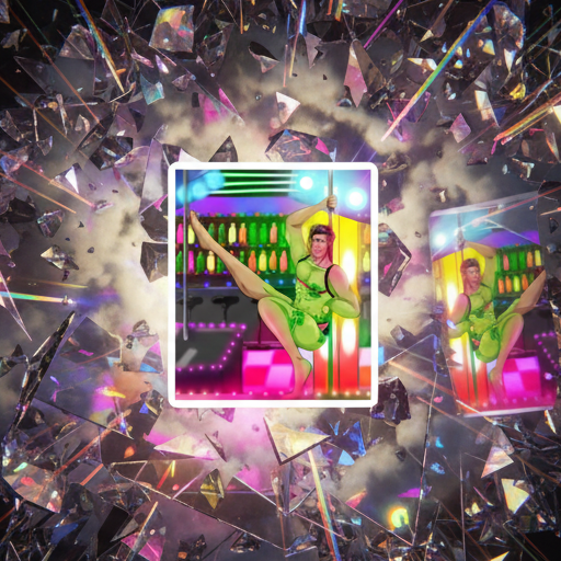 Neon green pole dancer splitting at a lively bar, framed by shattered glass and clouds