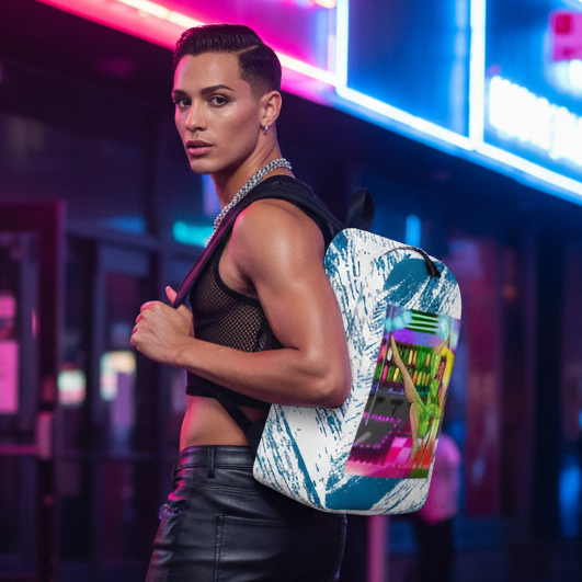 Person wearing a white-and-blue abstract-print backpack in a neon-lit venue