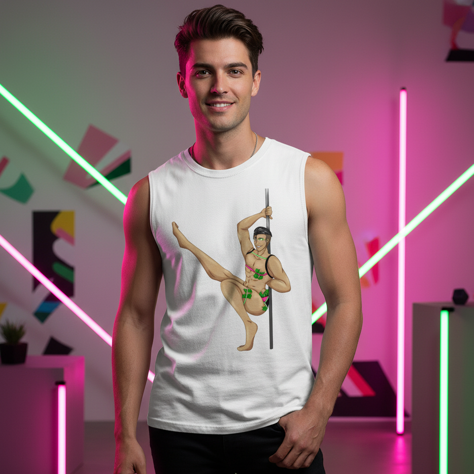 Muscle top reading “Love At A Gay Gogo Bar” with illustrated pole dancer