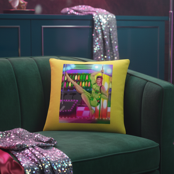 Love At A Gay Gogo Bar Pillow features a queer performer in green high-kicking on a pole, colorful sparkly backdrop