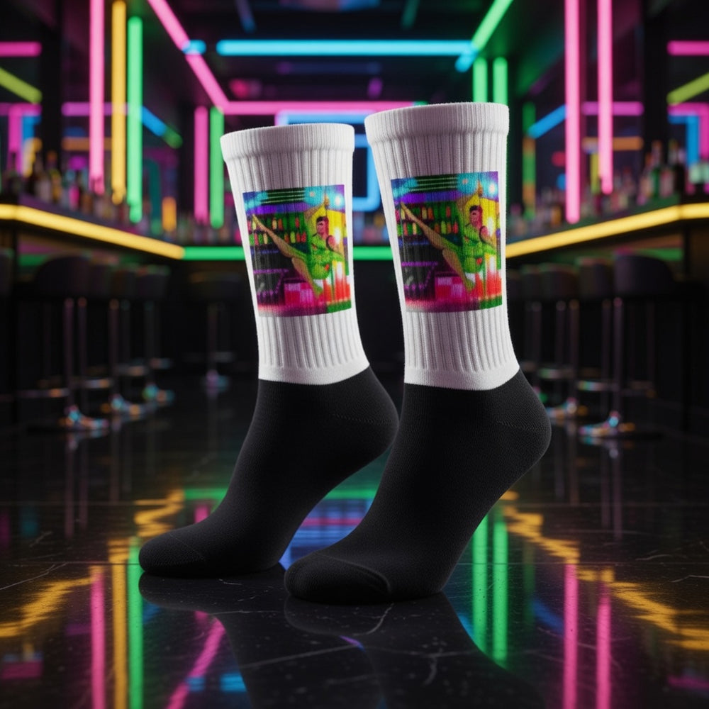 Crew-length Love At A Gay Gogo Bar Socks with a retro digital print in neon pink, blue, green, and yellow on a glossy floor.