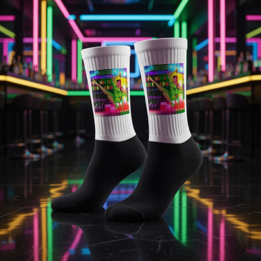 Crew-length Love At A Gay Gogo Bar Socks with a retro digital print in neon pink, blue, green, and yellow on a glossy floor.