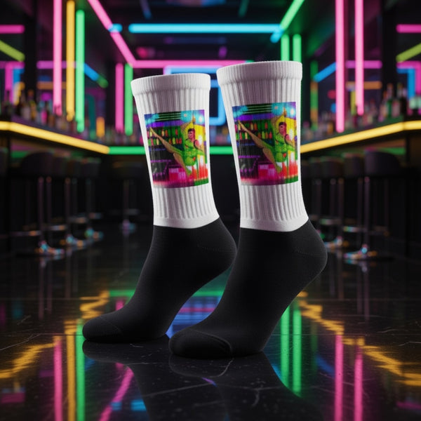 Crew-length Love At A Gay Gogo Bar Socks with a retro digital print in neon pink, blue, green, and yellow on a glossy floor.