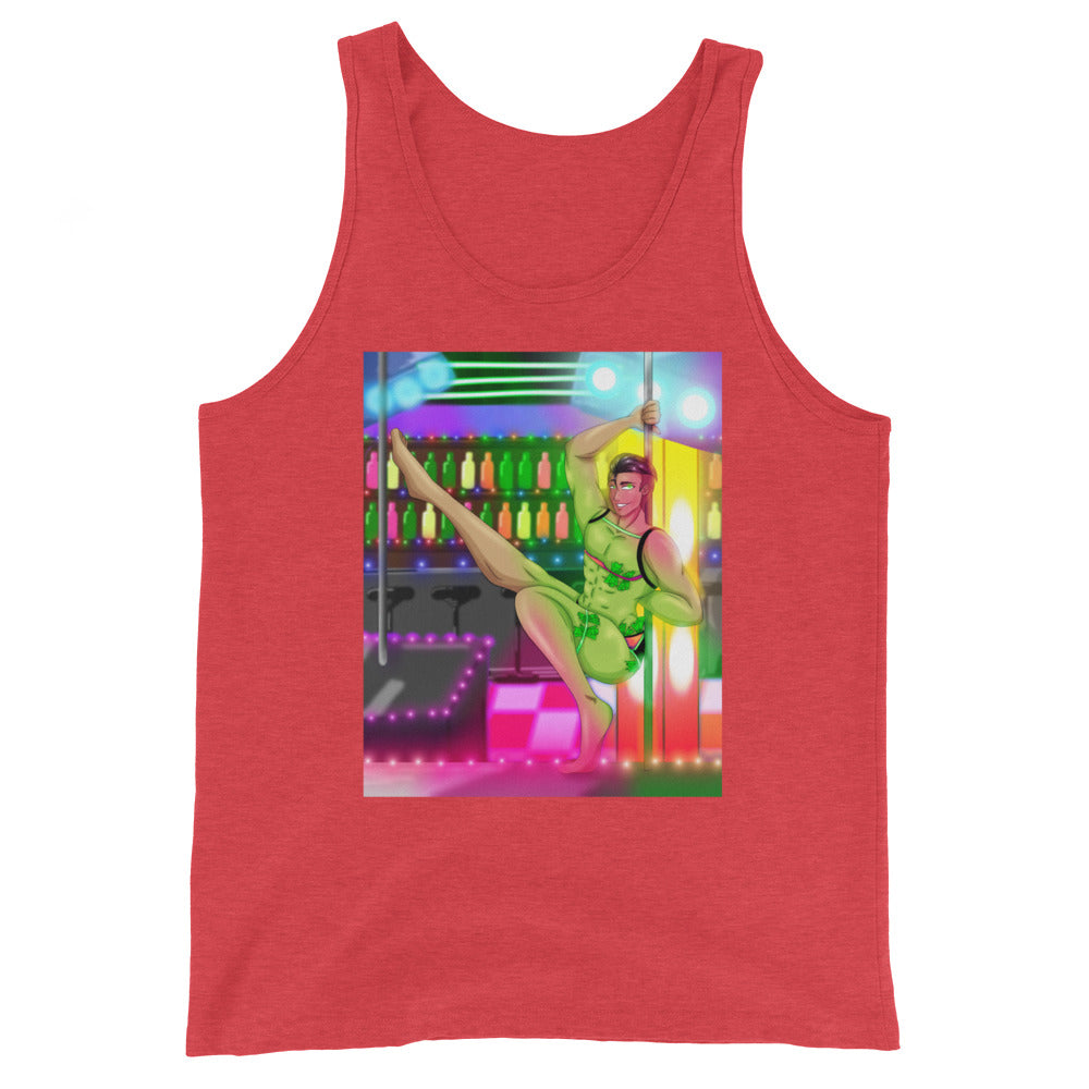 Unisex tank top with a buff pole dancer in a green leotard at a neon-lit gay bar, bold colors and lively queer party energy.