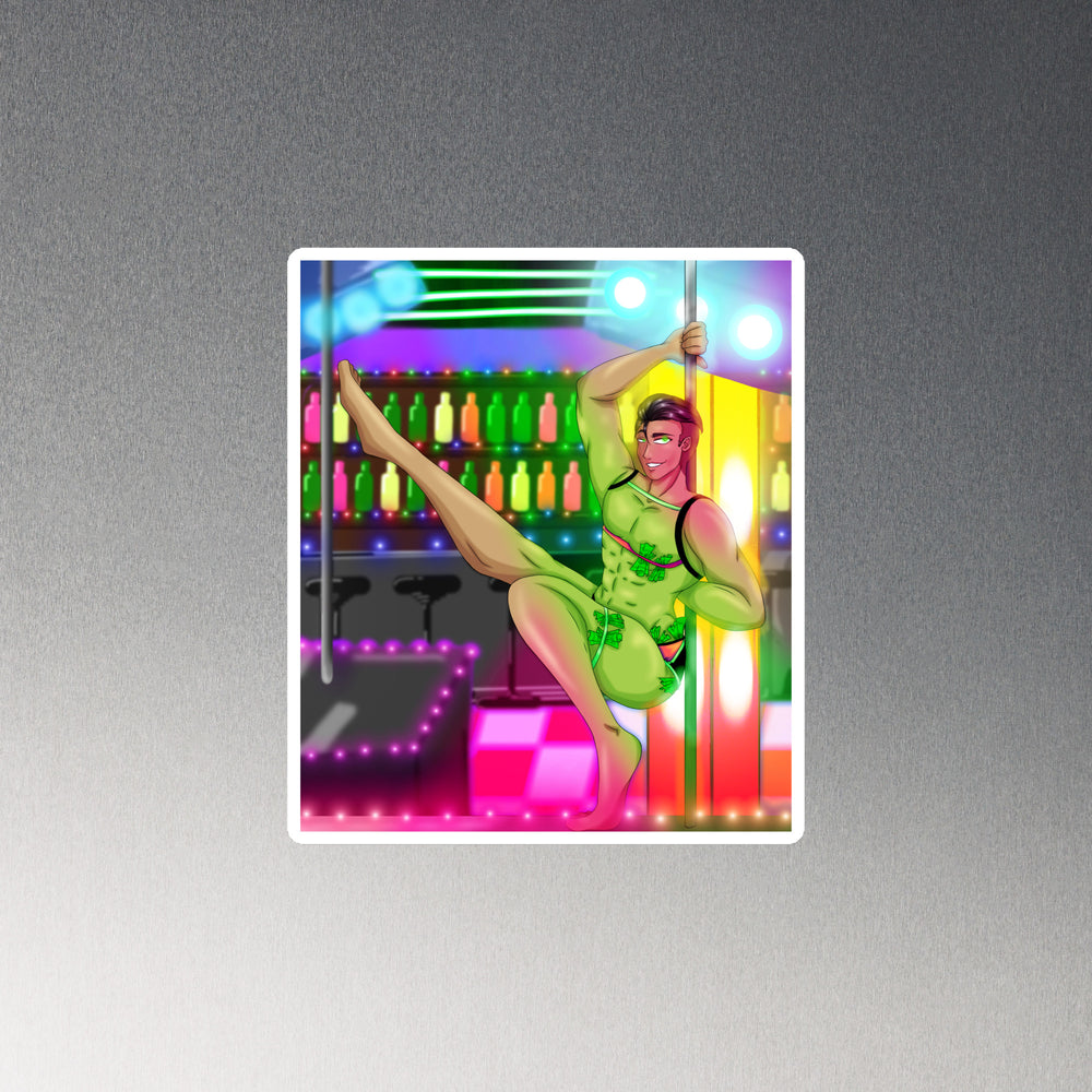 Illustrated magnet showing a muscular man pole dancing in green lingerie at a neon-lit gay bar