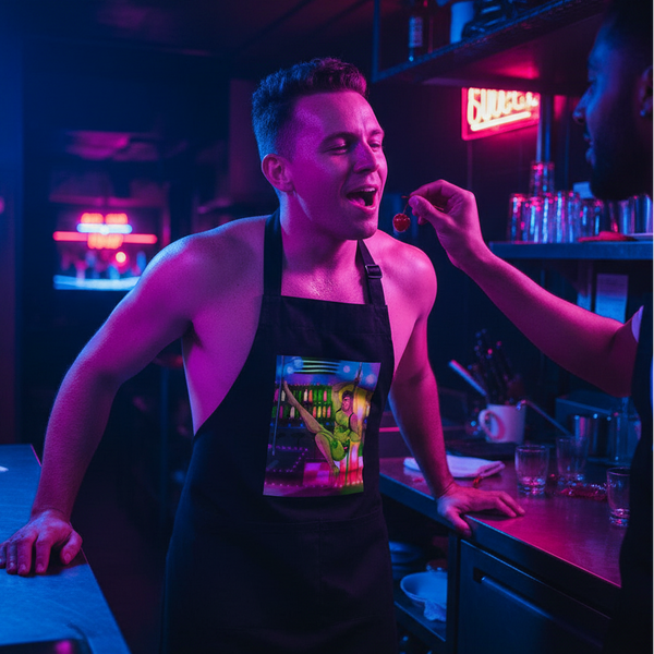 Shirtless person wearing a black apron with a colorful bar-scene graphic as someone offers them a lollipop