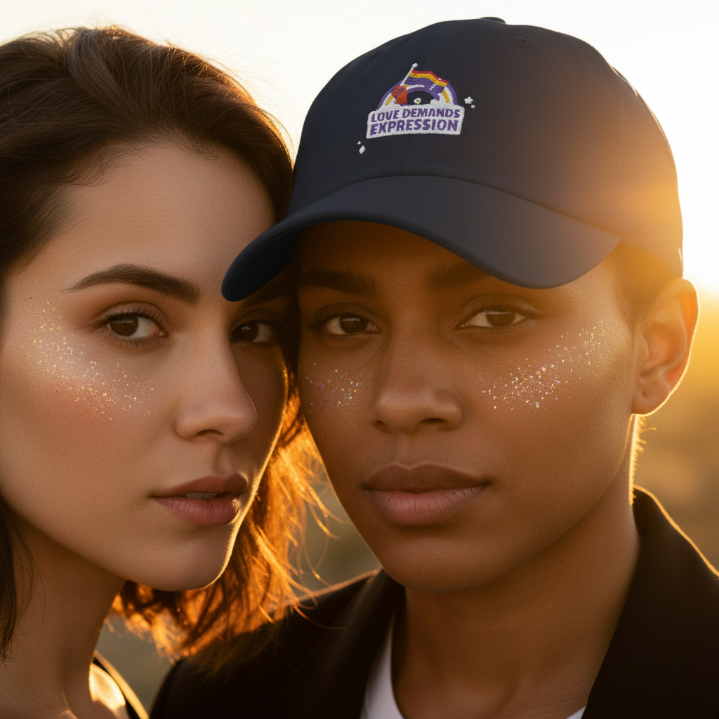 Love Demands Expression Cap with rainbow graphic and slogan, worn by short-haired duo with glitter cheeks at sunset
