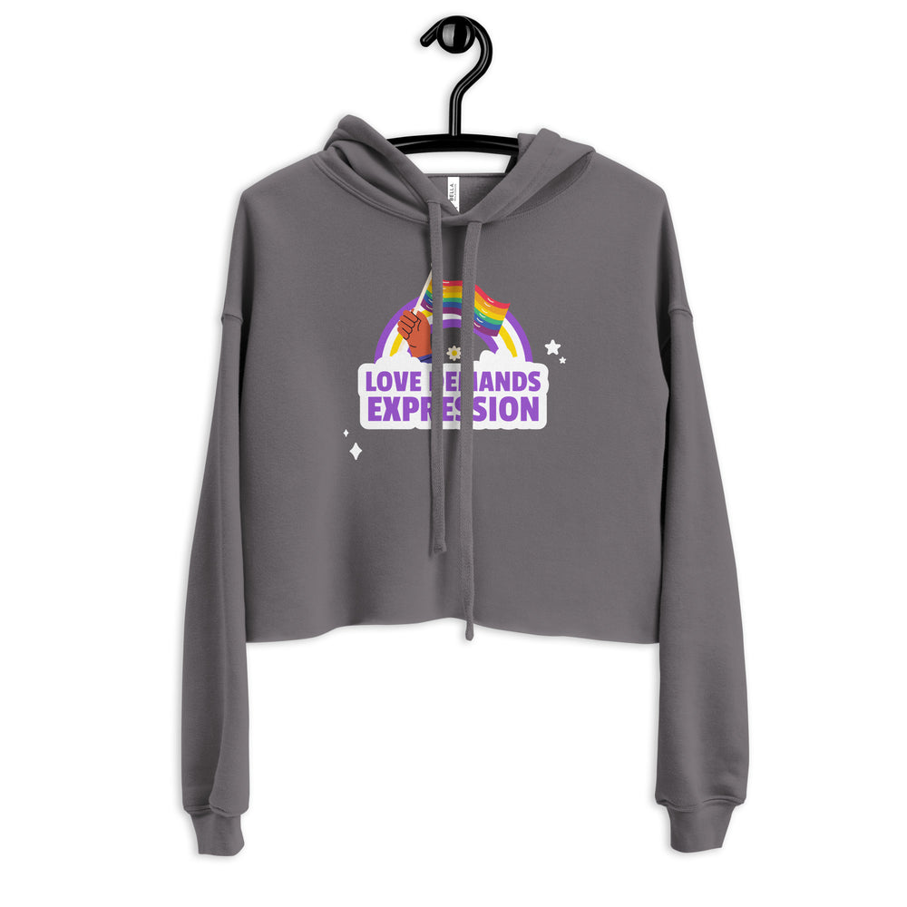 Front view of a charcoal cropped hoodie with rainbow fists and “LOVE DEMANDS EXPRESSION” graphic