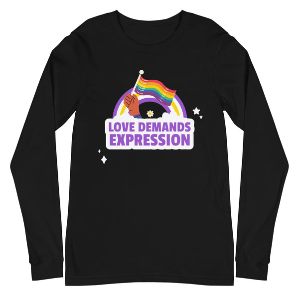 Front view of a black long-sleeve shirt with a rainbow flag and “LOVE DEMANDS EXPRESSION” graphic