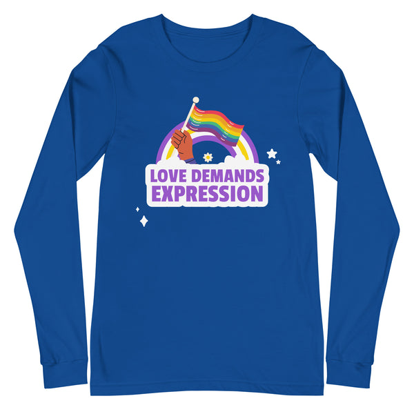 Front view of a royal-blue long-sleeve shirt with a rainbow flag and “LOVE DEMANDS EXPRESSION” graphic