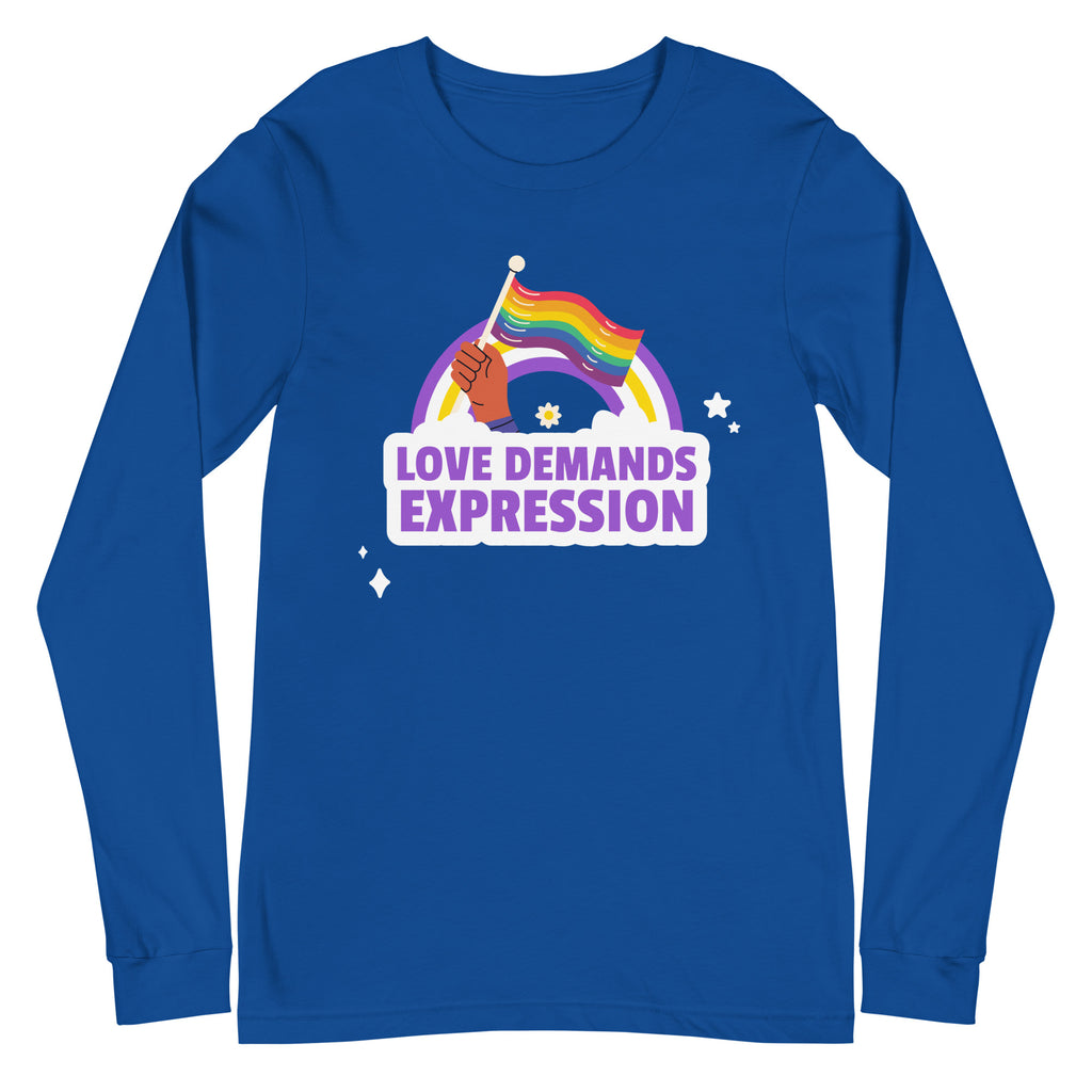 Front view of a royal-blue long-sleeve shirt with a rainbow flag and “LOVE DEMANDS EXPRESSION” graphic