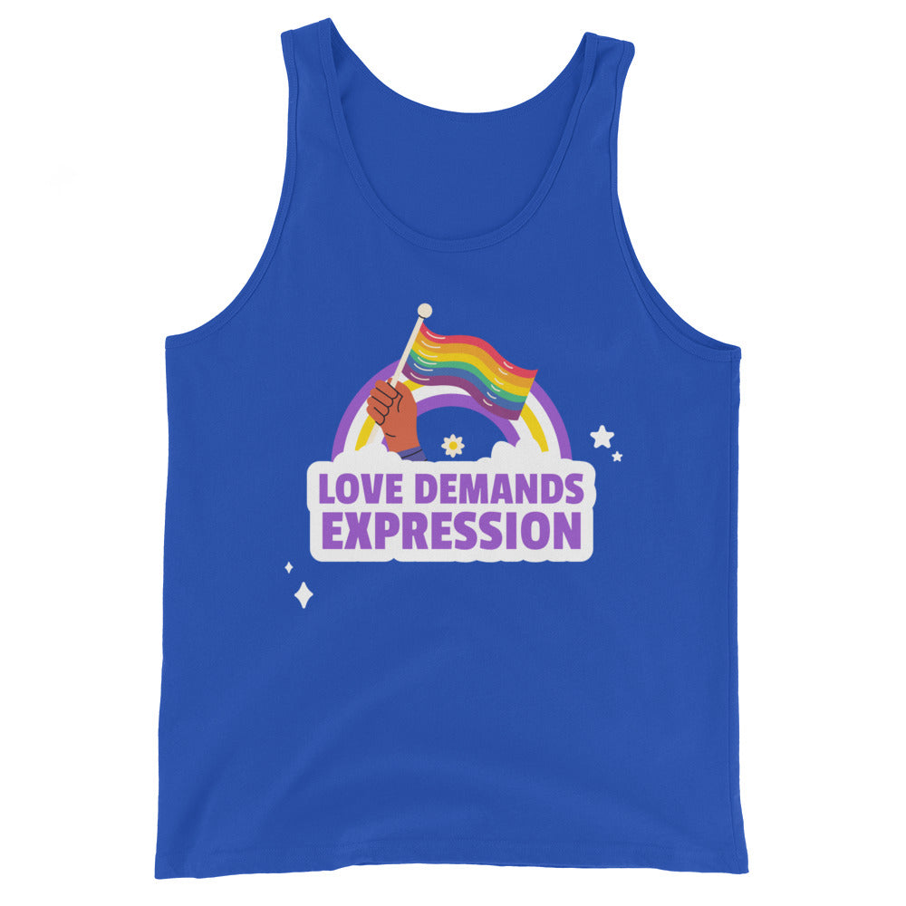 Blue tank top with rainbow flag graphic and “LOVE DEMANDS EXPRESSION” text