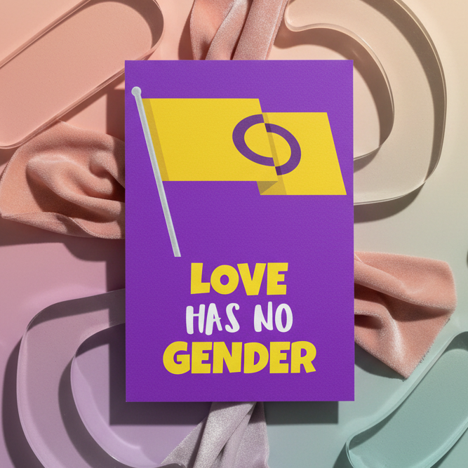 Purple "LOVE HAS NO GENDER" postcard with a yellow intersex pride flag, on pink and beige fabrics