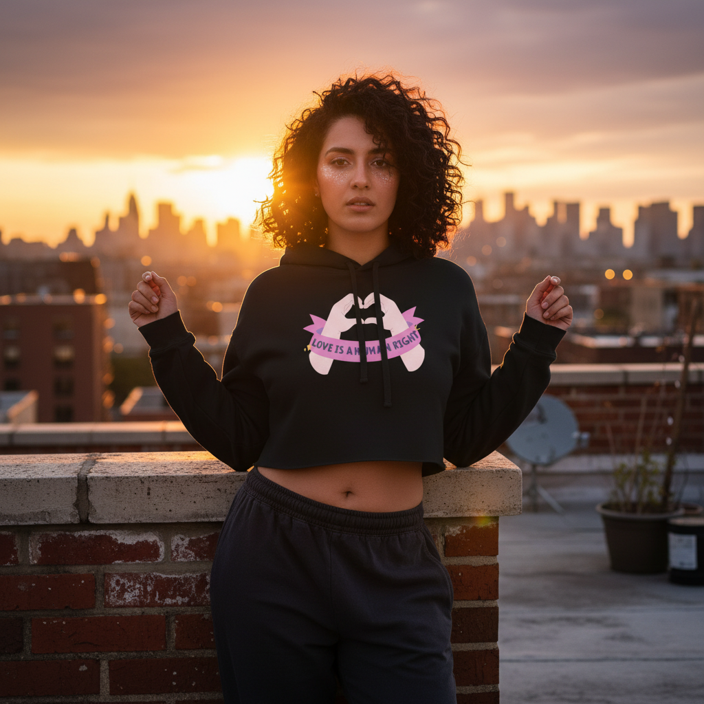 Love Is A Human Right Crop Hoodie worn by a curly-haired person at sunset on a rooftop, city lights glowing