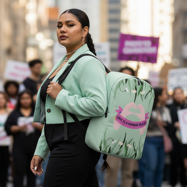 Love Is A Human Right minimalist backpack in mint green, rocked by a person in a mint blazer at a city protest