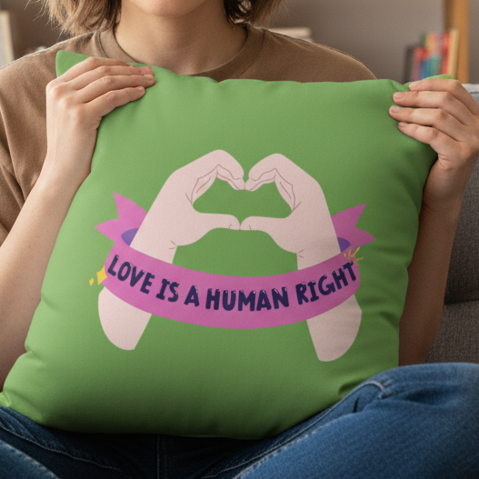 A person holds a green "Love Is A Human Right Pillow" with two hands forming a heart and a purple ribbon bearing the message.
