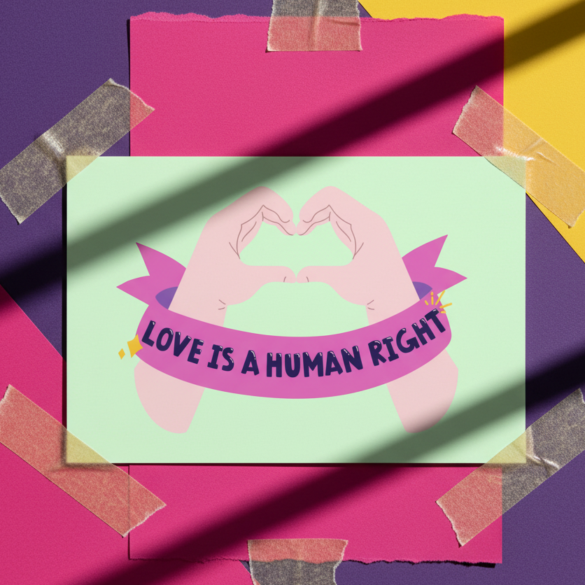 Postcard shows two hands forming a heart, purple "LOVE IS A HUMAN RIGHT" ribbon, pink, purple, yellow layers