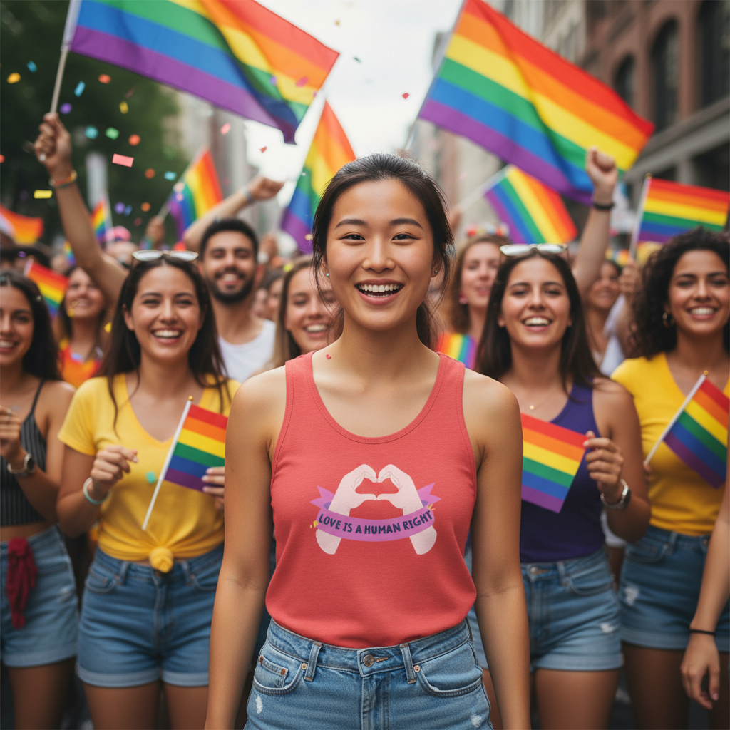 Love Is A Human Right unisex tank top worn by a smiling person at Pride, with rainbow flags, confetti